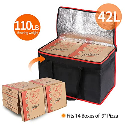 Bodaon Insulated Food Delivery Bag, XX-Large Reusable Grocery Shopping Bags, Picnic Cooler Bag Zipper/Zippered Top Cold, Black with Red Edge, 2-Pack