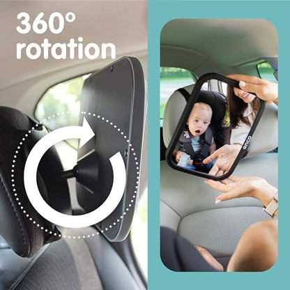 Onco Baby Car Mirror Rear Facing - Double Award-Winning Convex Car Mirror for Baby, 100% Shatterproof & Shakeproof with 360° Rotation, Newborn Essentials (9.6 x 6.9 in)