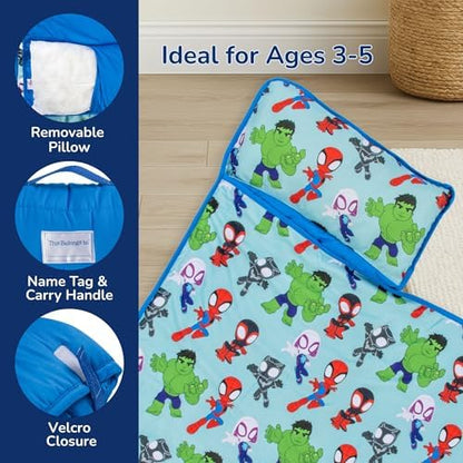 Jay Franco Toddler Nap Mat with Built-in Pillow and Blanket - Soft 46 x 20-inch Microfiber Kids Sleeping Bag for School or Sleepover, Blue - Spidey & His Amazing Friends