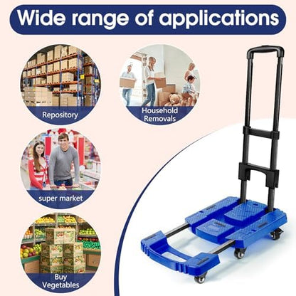 Folding Hand Truck 500lbs, Portable Heavy Duty Dolly Cart, 6 Wheels Collapsible Luggage Cart with 2 Elastic Ropes - Compact Trolley Cart for Easy Moving - Ideal Hand Cart for Travel and More
