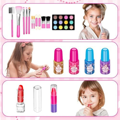 58Pcs Kids Makeup Kit for Girl - Real Washable Cosmetic Set with Light Up Mirror - Kids Makeup Sets for Girls -Play Make Up Birthday for Age 3 4 5 6 7 8 9 10 11 12 Years Old Kid -Rose