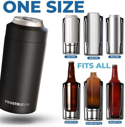 Frost Buddy Universal Can Cooler - Fits All - For Regular 12 & 16 oz or Slim-Size Bottles - Insulated Double-Walled Stainless Steel (MatteBlack)
