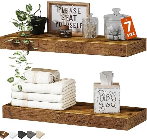 QEEIG Bathroom Floating Shelves for Wall Mounted Shelf Over Toilet Farmhouse Home Decor Display Shelving Small 16 inch Set of 2, Rustic Brown (008-40BN)