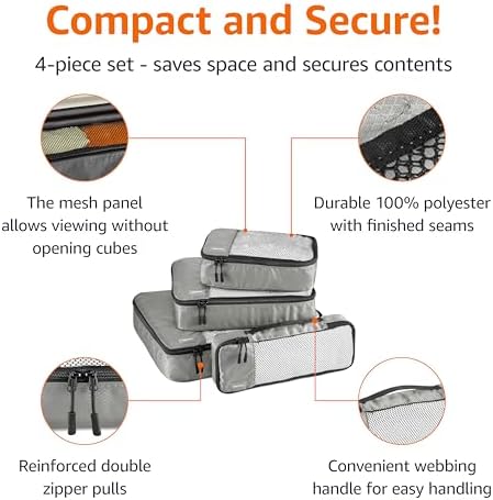 Amazon Basics Lightweight Packing Cubes Travel Organizer Set with Double Zipper, Mesh Top, Multiple Sizes, 4 Piece, Gray