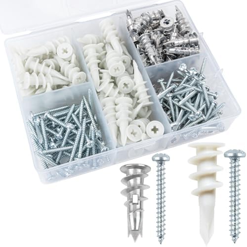 KURUI Self Drilling Drywall Anchors Assortment Kit, 200PCs Picture Hanging Kit for Frame,Curtain Rods,Art Hanging, 100PCs #6 Heavy Duty Metal Dry Wall Anchors 100PCs #8 Plastic Drywall Hangers