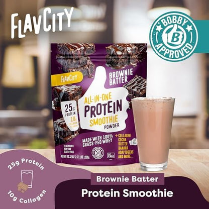 FlavCity Grass Fed Whey Chocolate Protein Powder - Brownie Batter - 25g Protein & 10g Collagen - Made with Organic Cocoa & Coconut Milk - Gluten Free & No Added Sugars (20 Servings)