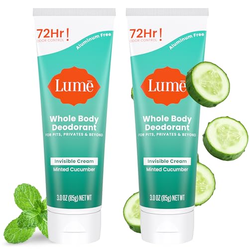 LUME Whole Body Deodorant - Invisible Cream Tube - 72 Hour Odor Control - Aluminum Free, Baking Soda Free, Skin Safe - 3.0 ounce (Pack of 2) (Minted Cucumber)