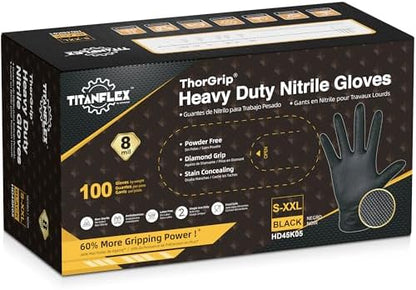 TitanFlex Thor Grip Heavy Duty Black Industrial Nitrile Gloves with Raised Diamond Texture, 8-mil, Latex Free
