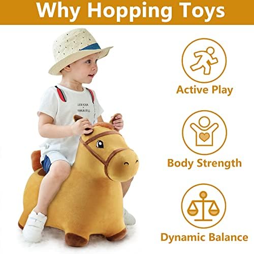 iPlay, iLearn Bouncy Pals Hopping Horse, Toddler Girl Boy Inflatable Bouncing Animal Hopper Toy, Outdoor Indoor Plush Ride on Bouncer, Baby Birthday Gift 18 Month 2 3 4 Year Old Kid - Horse