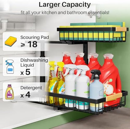 Under Sink Organizer, 2 Packs 2 Tier Under Sink Organizers and Storage, Slide Out Pull Out Cabinet Organizer Shelf, Metal Sliding Drawer for Kitchen Bathroom Pantry Cabinet Closet Organization Rack