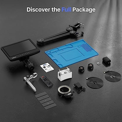 TOMLOV DM602 Flex Digital Soldering Microscope 2000x, Flexible Arm, 10.1" HDMI Microscope with 3 Lens, Coin Magnifier with Ring Light, Adults LCD Video Magnifying Glass, Electronic Repair Mat,64GB