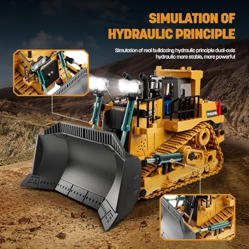 9-Channel Metal RC Bulldozer - Realistic Remote Control Kids Construction Play Toys with Lights and Sound, Track Type Tractor Toys for 3+ Boys, Perfect 2025 Kids Birthday Gift for Ages 3-12+