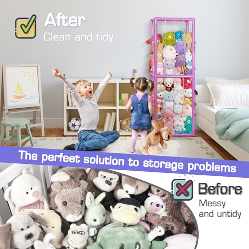 Trycooling Stuffed Animal Storage Zoo Stuffed Animal Holder Space Save Vertical Stuffed Animals Storage PVC with Elastic Band and Net for Playroom Birthday Gift for Bedroom Nursery (Purple 1)