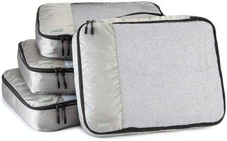 Amazon Basics 4 Piece Packing Cubes Travel Organizer Set with Double Zipper, Mesh Top, Large, Gray