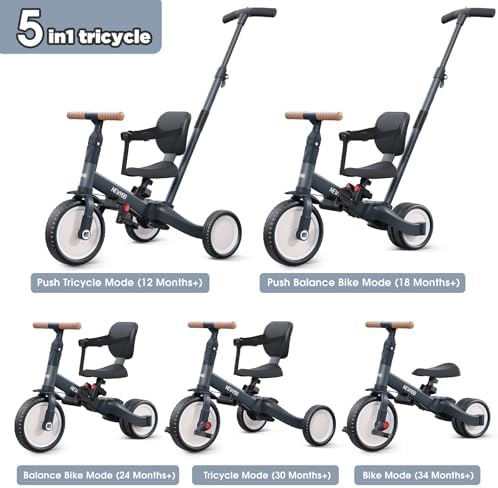 newyoo Tricycle for Toddlers 1-3, Toddler Bike, Trike with Push Handle, Perfect Boys and Girls Birthday Gift and Toys, Balance Bike with Backrest and Safety Belt, TR007, Dark Gray