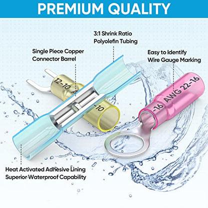 TICONN 460Pcs Heat Shrink Wire Connectors, Waterproof Automotive Marine Electrical Terminals Kit, Crimp Connector Assortment, Ring Fork Spade Butt Splices