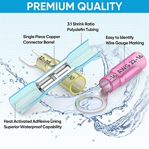 TICONN 330Pcs Heat Shrink Wire Connectors, Waterproof Automotive Marine Electrical Terminals Kit, Crimp Connector Assortment, Ring Fork Spade Butt Splices