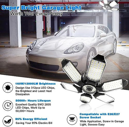 Garage Lights - 2Pack Super Bright 32000LM LED Garage Ceiling Light 6500K LED Shop Light w/ 6 Deformable Panels Screw in E26/E27 Socket Light Bulbs for Workshop Storage Warehouse Attic