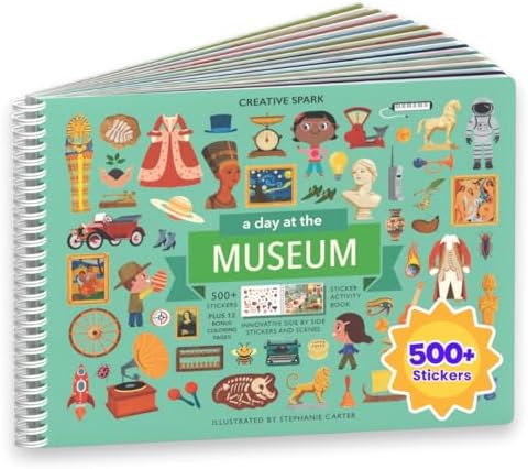 CUPKIN Sticker Book for Kids 2-4, 500+ Kids Stickers, A Day at The Museum 12 Coloring Pages 12 Side by Side Scenes, Fun Toddler Travel Activity Coloring and Sticker Books for Ages 4-8 + 8-10