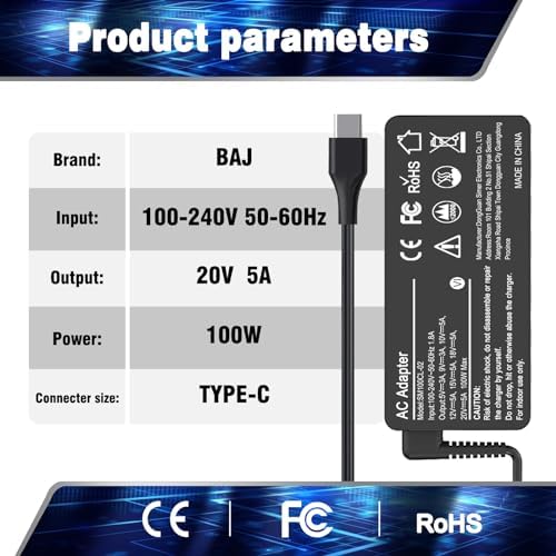 BAJ Universal 100W USB-C Laptop Charger Compatible with Lenovo,Acer,Dell,Asus,Mac Book Pro/Air 16, 15, 14, 13 Inch, Chromebook, Lenovo ThinkPad and Type-C Adapter Charger