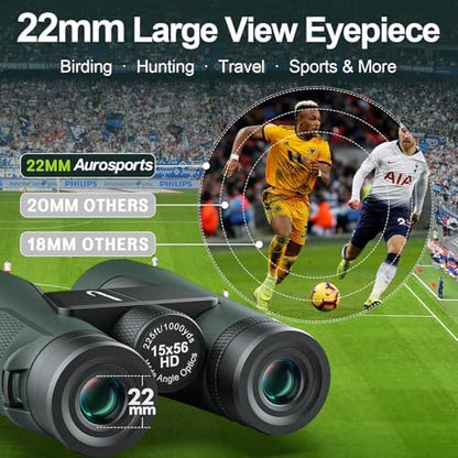 15x56 Binoculars for Adults High Powered - Aurosports HD Large View Binoculars with Clear Low Light Vision - Lightweight Easy Focus Bird Watching Hunting Hiking Cruise Travel - Green