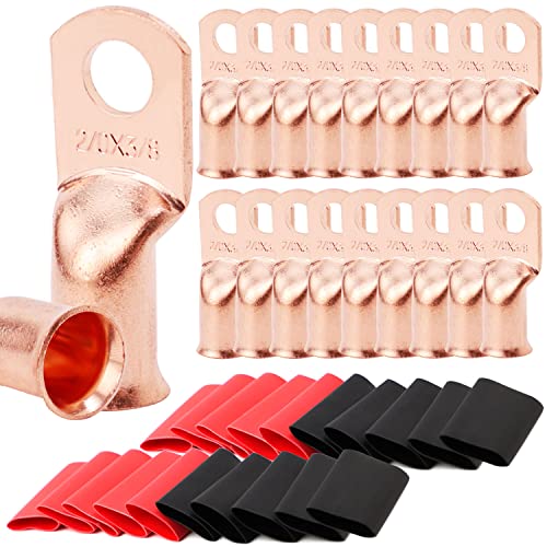 TKDMR 20pcs 2/0 AWG-3/8 Battery Lugs,Heavy Duty Wire Lugs,Ring Terminals,Battery Cable Ends,00 Guage terminals,Battery Terminal Connectors with 20pcs 3:1 Heat Shrink Tubing