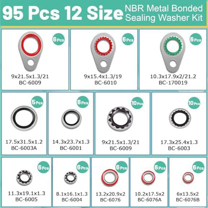 95 PCS 12 Sizes Premium A/C Conditioning System Compressor Gasket Seal, Automotive Air Conditioning Compressor Port Seal Gasket Kit Bonded Gasket Seal Assortment Set