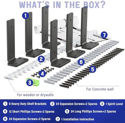 Goovilla Shelf Bracket, Heavy Duty Floating Shelf Brackets 6 inch Long, 6 Pack Brackets for Shelves, Black Coated Metal Wall Shelf Support Brackets with 1/5 Inch Thick and 160 lb. Load Capacity