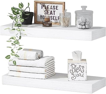 QEEIG White Bathroom Floating Shelves for Wall Shelf Over Toilet Wall Mounted Farmhouse Small 16 inch Set of 2 (008-40W)