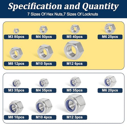 Metric Hex Nuts&Locknuts Assortment Kit(360Pcs)，M3 M4 M5 M6 M8 M10 M12 Stainless Steel Assorted Hex Nuts Sets,Bright Finish