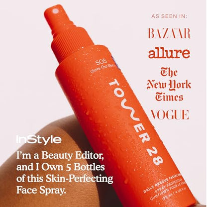 Tower 28 SOS Daily Rescue Facial Spray for Sensitive Skin, Hypochlorous Acid Spray Helps Reduce Redness and Breakouts, Full Size Toner for Face, 4 FL Oz