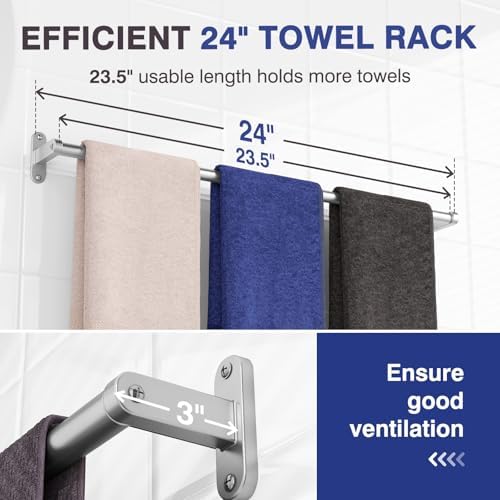 Towel Rack for Bathroom - 24" Rustproof Towel Holder, Sturdy Towel Bar Wall Mounted, Space-Saving Towel Hanger, Bathroom Accessories, Home Decor, Apparment Essentials, Bright Silver
