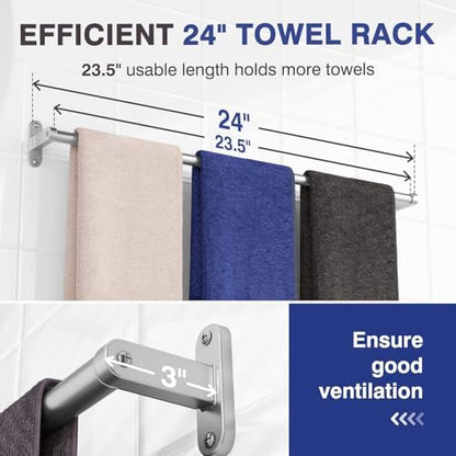 Towel Rack for Bathroom - 24" Rustproof Towel Holder, Sturdy Towel Bar Wall Mounted, Space-Saving Towel Hanger, Bathroom Accessories, Home Decor, Apparment Essentials, Bright Silver
