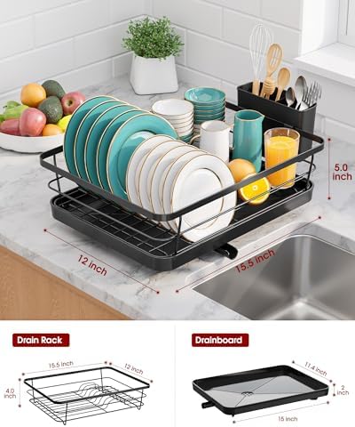 Stainless Steel Dish Drying Rack for Kitchen Counter, Sink Organization and Storage Essentials with Silverware & Utensil Holder, Home and Apartment Decor, 12''W x 15.6''L, Black