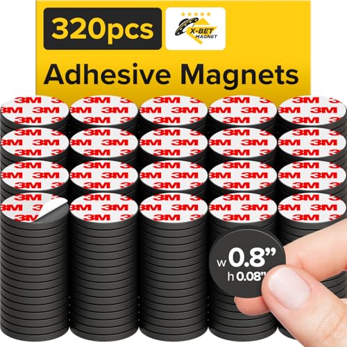 X-bet MAGNET Hyper-Sticky Magnets with Adhesive Backing - (0.8'' x 0.08'', 320 pcs) Strong Magnetic Dots for Whiteboard, Fridge, Crafts - Easy-to-Cut Stickers for Planning and Organization