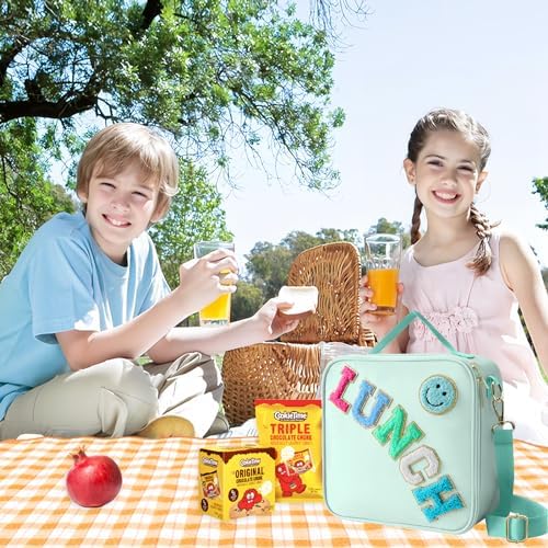 Insulated Lunch Bag With Adjustable Shoulder Strap, Nylon Preppy Lunch Box Large Insulated Lunch Bag Reusable Lunch Tote Bag with Smiley Preppy LunchBag for Girls School Travel Picnic (Green)