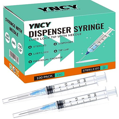 100 Pack 3ml Disposable Syringe with Needle 23Ga 1.0 Inch, Luer Lock Syringes, Individual Sterilized Wrapped