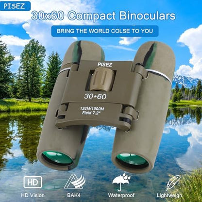 PISEZ 30X60 Compact Binoculars for Adults and Kids，Lightweight Foldable Easy Focus Small Binoculars for Bird Watching Hunting Concert Traveling Theater Opera Sightseeing