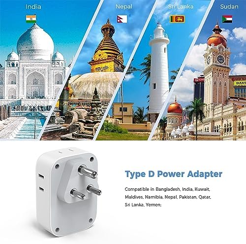 India Plug Adapter 2 Pack, TESSAN Type D Travel Adapter with 4 Outlets 3 USB Charger (1 USB C Port), US to Indian Outlet Adaptor for USA to Bangladesh, India, Kuwait, Maldives