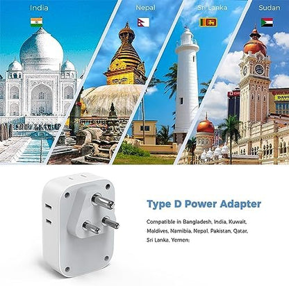 India Plug Adapter 2 Pack, TESSAN Type D Travel Adapter with 4 Outlets 3 USB Charger (1 USB C Port), US to Indian Outlet Adaptor for USA to Bangladesh, India, Kuwait, Maldives