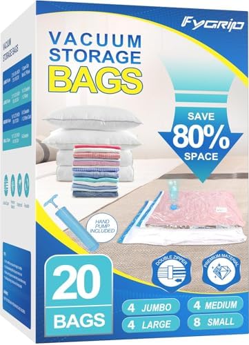 20 Pack Vacuum Storage Bags with Hand Pump, 4 Jumbo + 4 Large + 4 Medium + 8 Small Plastic Packaging Bags, 80% Space Saver Vacuum Seal Bags for Clothing, Travel Lugggage, Blankets, Comforters