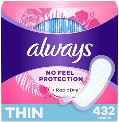 Always Daily Fresh Thin Liners, Regular Absorbency, Unscented Panty Liners, 432 Count (2 Packs of 216)