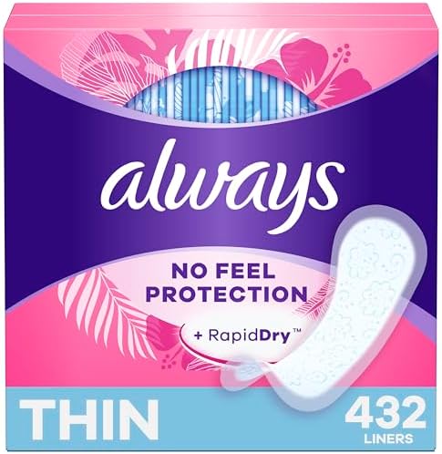 Always Daily Fresh Thin Liners, Regular Absorbency, Unscented Panty Liners, 432 Count (2 Packs of 216)