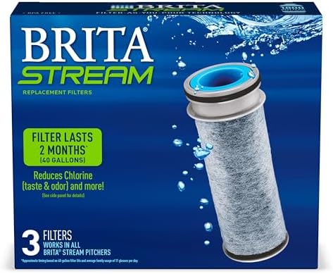 Brita Stream Water Filter Replacements for Stream Pitchers and Dispensers, Lasts 2 Months, Reduces Chlorine Taste and Odor, 3 Count