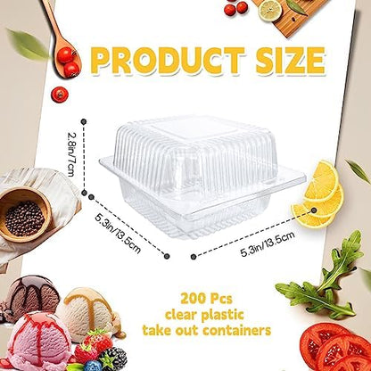 200 Pcs Clear Plastic Take out Containers,Disposable Fancy Hinged Top Square Clamshell Food Boxes,Cake Slice Containers Clamshell Takeout Tray with Clear Lids,5.3x4.7x2.8 Inch