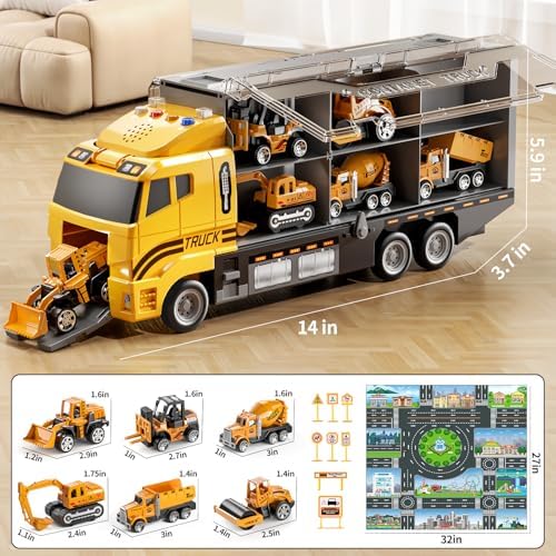 Toddler Boys Construction Truck Vehicle Toy Set with Play Mat, Die-Cast Toy Car Carrier Truck for Kids, Birthday Gifts Toys for 3-8 Year Old Boys