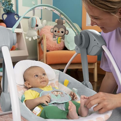 Bright Starts Portable Automatic 6-Speed Baby Swing with Adaptable Speed, Taggies, Music, Removable-Toy-Bar, 0-9 Months 6-20 lbs (Whimsical Wild)