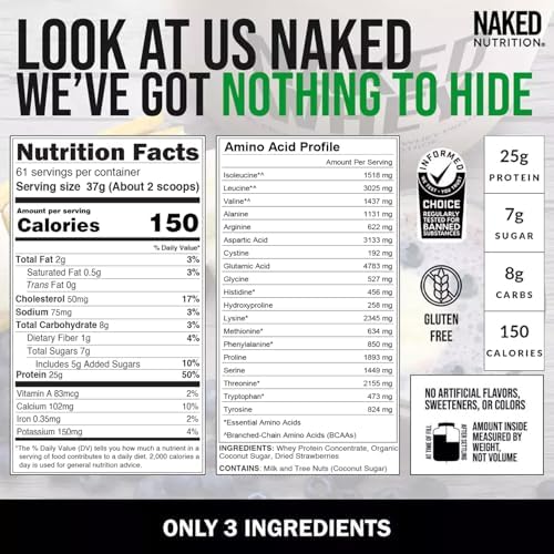NAKED Strawberry Whey Protein - All Natural Grass Fed Whey Protein Powder + Dried Strawberries + Coconut Sugar- 5lb Bulk, GMO-Free, Soy Free, Gluten Free. Aid Muscle Growth & Recovery - 61 Servings