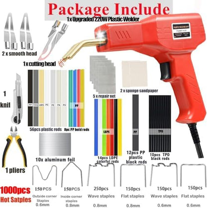 Upgraded 220W Plastic Welder, 2 in 1 Plastic Welding Kit Plastic Repair Welder Kit 1000PCS Hot Stapler Soldering Gun with 100PCS Plastic Welding Rods Car Bumper Repair Kit for Most Plastic Repair