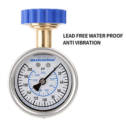 MEASUREMAN 2-1/2" Water Pressure Gauge Kit 6 Parts Kit, Lead-Free Brass, 2-1/2" dial, 0-200 Psi，Glycerin Filled,3/4" Hose Thread, Plus 5 Adapters